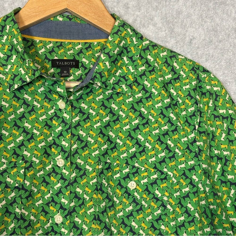 Talbots Novelty Horse Print Long-Sleeve Button-Up Shirt-Green-Women Size 10
